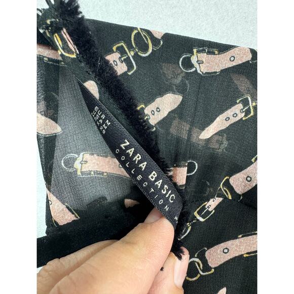 Zara Basic Sheer Black Long Sleeve Belt Print Babydoll Shift Mini Dress Size M - Picture 2 of 7